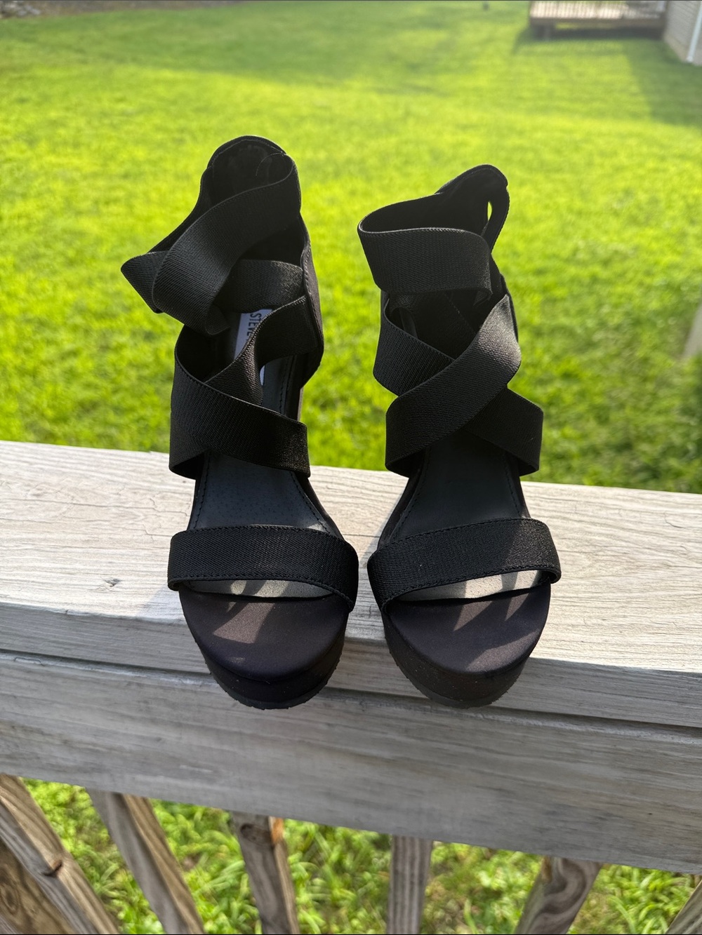 Steve Madden Black Crisscross Platform Wedge Heels